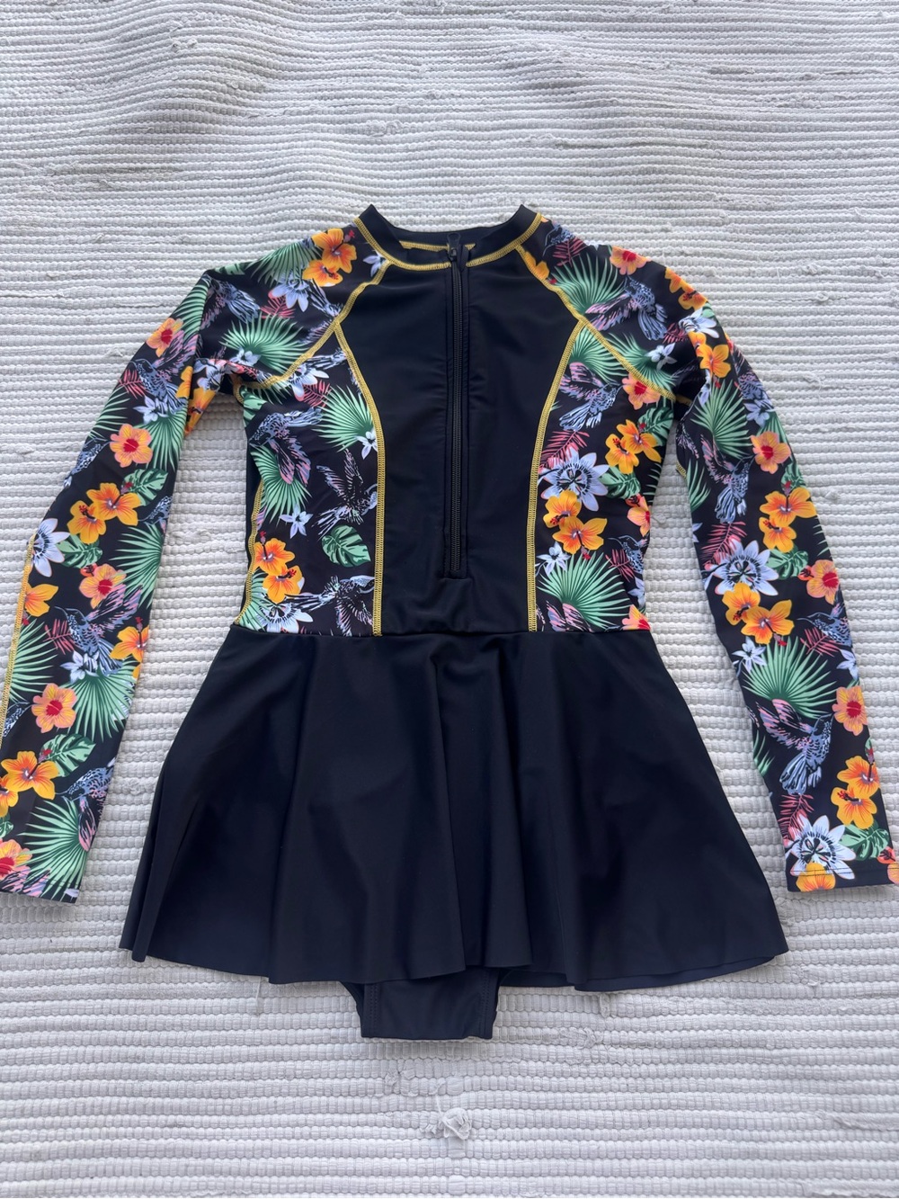 Amazon Black Tropical Floral Long-Sleeve Rash Guard Swim Dress with Yellow Trim - Picture 2 of 12
